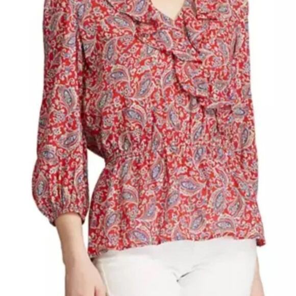 Chaps Kiera Red Blue Paisley Ruffle V-Neck 3/4 Sleeve Cotton Blend Blouse Size L - Picture 1 of 5